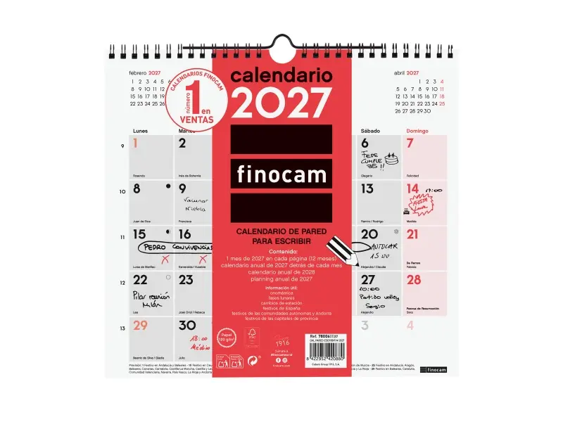 Finocam Calendario de Pared Anual 2027 Mes Vista Formato M 265x245mm Rojo y Blanco