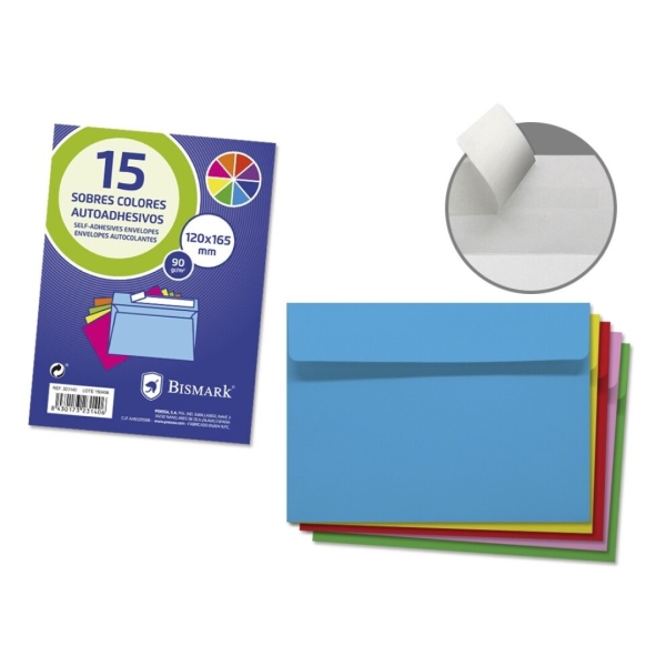 Bismark Pack De 15 Sobres De Papel 90Gr - Medidas 120X165Mm - Cierre Autoadhesivo - Colores Surtidos
