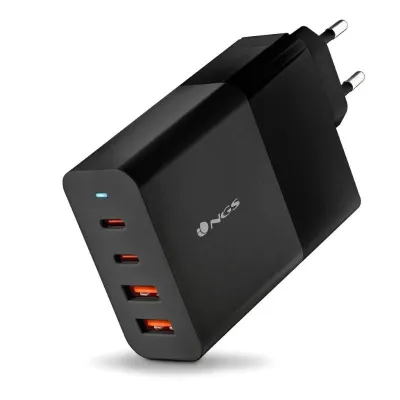 NGS Bud 100W Cargador GaN Universal de Pared 100W Ultrarapido - 2x USB-C PD & PPS, 2x USB-A QC 3.0 - Color Negro