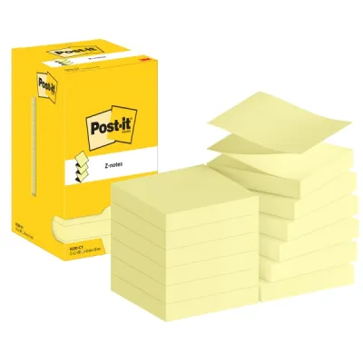 Post-it Pack de 12 Blocs de 100 Z-Notas Adhesivas Reposicionables 76x76mm Amarillo Claro