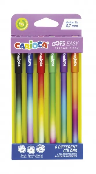 Carioca Oops Easy Pack De 6 Boligrafos Borrables Con Punta De Ø 0.7Mm - Tinta Termo Sensible - Cuerpo Con Efecto Degradado De Colores Surtidos - Doble Goma - Colores Surtidos