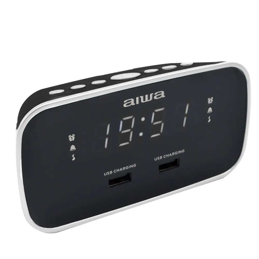 Aiwa Radio Despertador CRU-19 Negro con 2 Puertos USB de Carga 5V 2.4A
