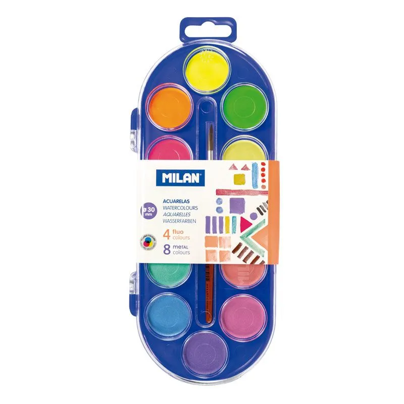 Milan Estuche de 12 Acuarelas Ø30 mm con Pincel Serie 101 - Colores Fluorescentes y Metalizados