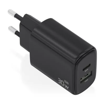 Aisens Cargador GaN 30W USB-C PD3.0 QC4.0 y USB-A QC3.0 Color Negro