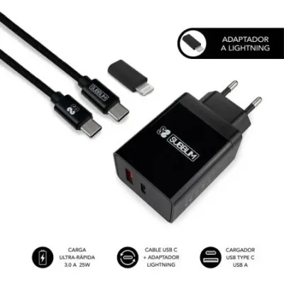 Subblim Cargador 2 Puertos 25W Carga Rápida PD 3.0 Quick Charge Negro
