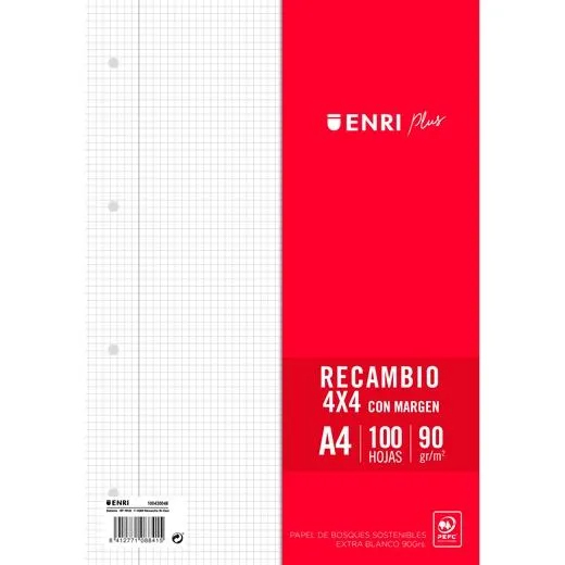 Enri Recambio Plus 100H A4 90Gr 4X4 C/Margen 4 Taladros