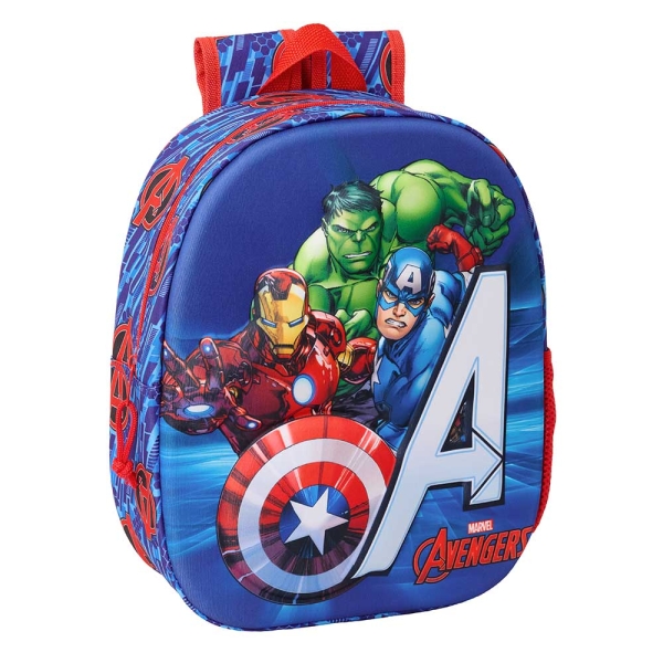 Safta Avengers Mochila 3D De 8.64L - Portabotellas - Tarjeta De Identificacion Personal - Hombreras Acolchadas - 27X33X10Cm - Color Rojo Y Azul