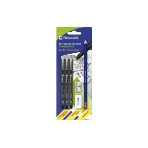 Bismark Pack Escolar con 3 Rotuladores Calibrados Negro 0.2, 0.4, 0.8mm, Lapicero HB, Goma y Afilalápiz