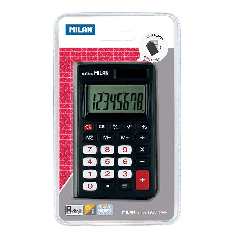 Milan Calculadora De Bolsillo 8 Digitos - 3 Teclas De Memoria Y Raiz Cuadrada - Apagado Automatico - Incluye Funda - Color Negro
