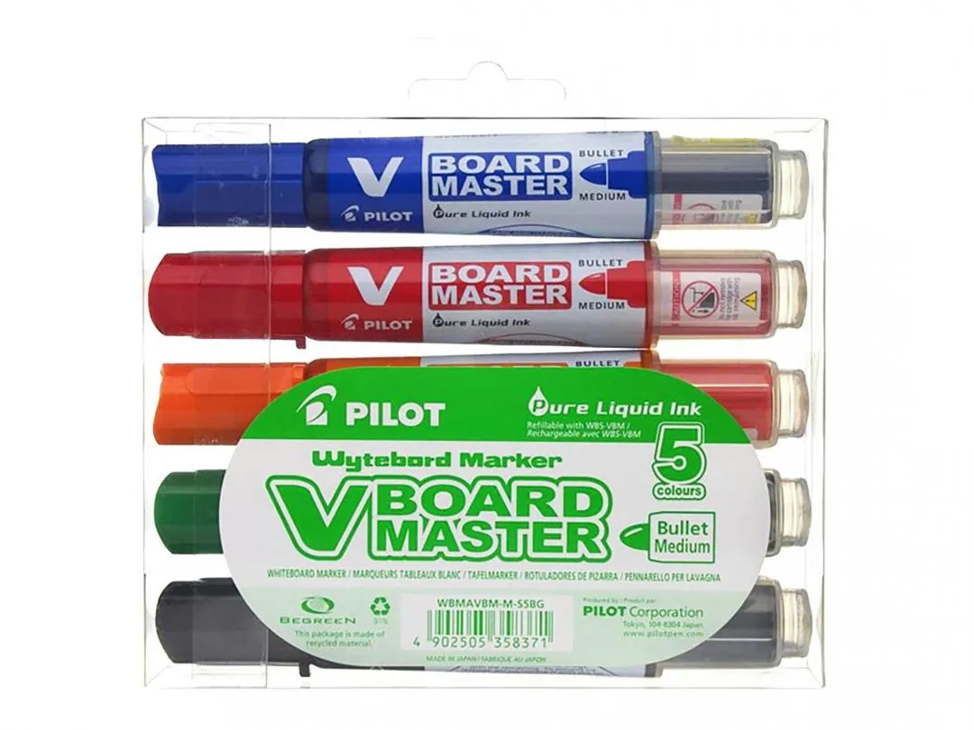 Pilot V-Board Master Begreen Pack de 5 Rotuladores para Pizarra Blanca - Punta Redonda 6mm - Trazo 2.3mm - 91% Plastico Reciclado - Recargable - Colores Surtidos