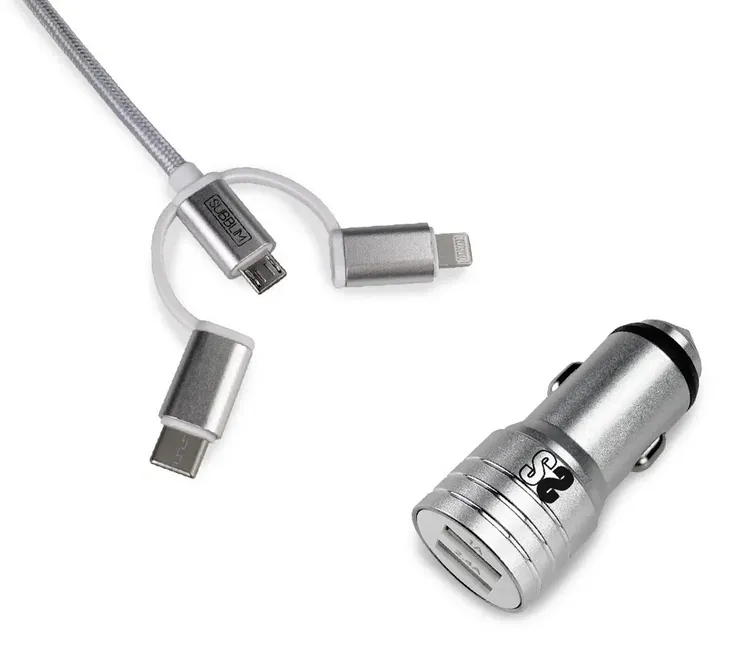 Subblim Cargador de coche doble USB - Longitud 1m - Carga rápida hasta 2.400Amp/12W - Exterior de fibra de nailon resistente - Color Plata