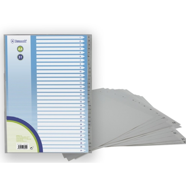 Bismark Indice Numerico Con Pestañas Del 1 Al 31 - Multitaladro - Formato A4 - Fabricados En Polipropileno - Color Gris