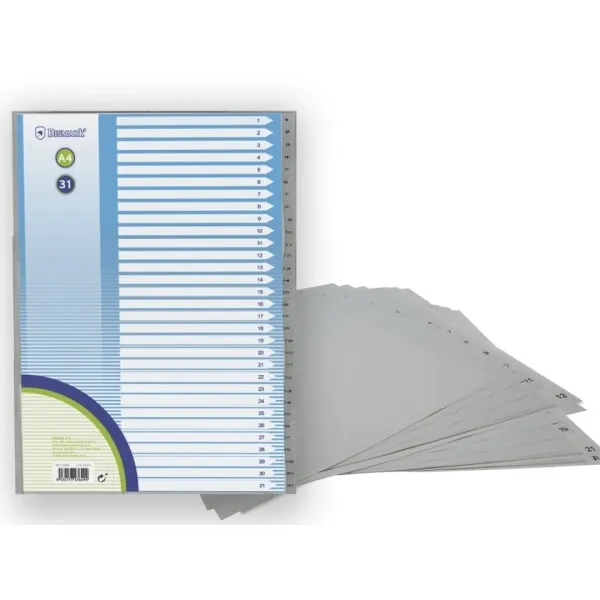 Bismark Indice Numerico Con Pestañas Del 1 Al 31 - Multitaladro - Formato A4 - Fabricados En Polipropileno - Color Gris
