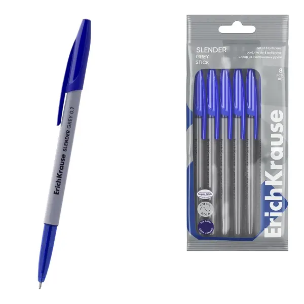 ErichKrause Slender Stick Pack de 8 Bolígrafos 0.7mm Punta de Aguja Gris Azul
