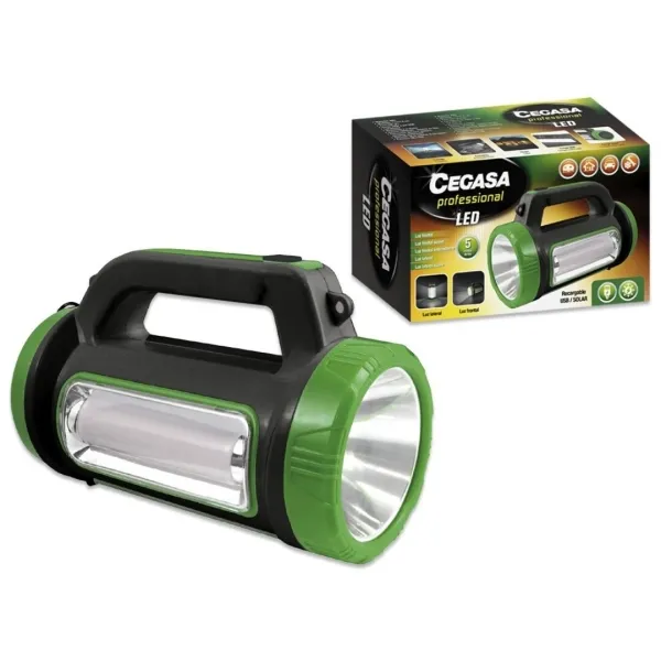 Cegasa Profesional Linterna Multifuncion Led - 5 Modos De Iluminacion - Bateria De 1800Mah - Alimentacion Solar Y Por Usb - Color Negro/Verde