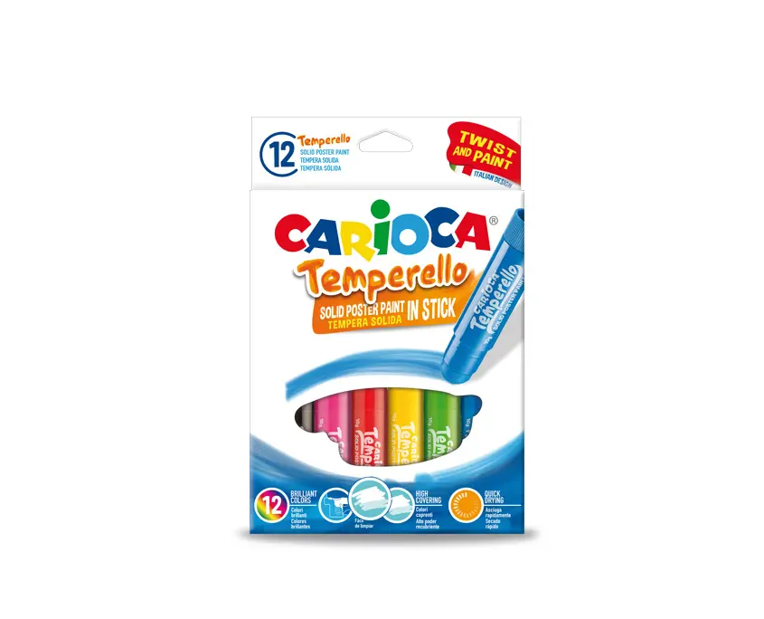 Carioca Temperello Pack de 12 Temperas Solidas - Colores Brillantes y Lavables - Gran Cobertura - Faciles de Mezclar - Sin Disolventes - Acabado Satinado - Colores Surtidos