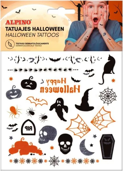 Alpino Pack de Tatuajes Halloween - Diseños Terroríficos en Plata, Negro y Naranja