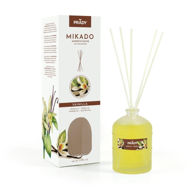 Prady Ambientador Mikado Vainilla - Frasco De Cristal 100 Ml Y Varitas Difusoras