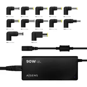 AISENS CARGADOR UNIVERSAL MULTITENSION PARA PORTATIL 90W AUTOMATICO CON 12 CONECTORES + USB-A QC.3.0