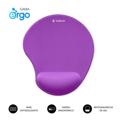 Subblim Ergo Neogel Alfombrilla Ergonomica Para Raton - Espuma Elastica - Microtexturizada Impermeable - Base Antideslizante - Color Lila