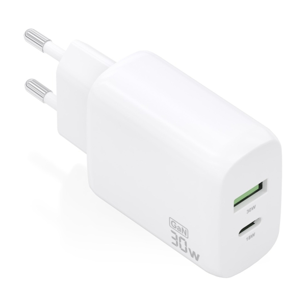 Aisens Cargador Gan 30W - 1Xusb-C Pd3.0 Qc4.0 - 1Xusb-A Qc3.0 - Color Blanco
