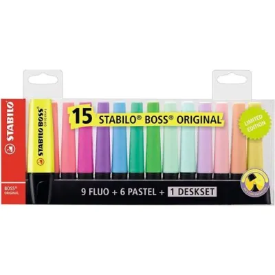 Stabilo Boss 70 Pack de 15 Marcadores Fluorescentes - Trazo 2-5mm - Recargable