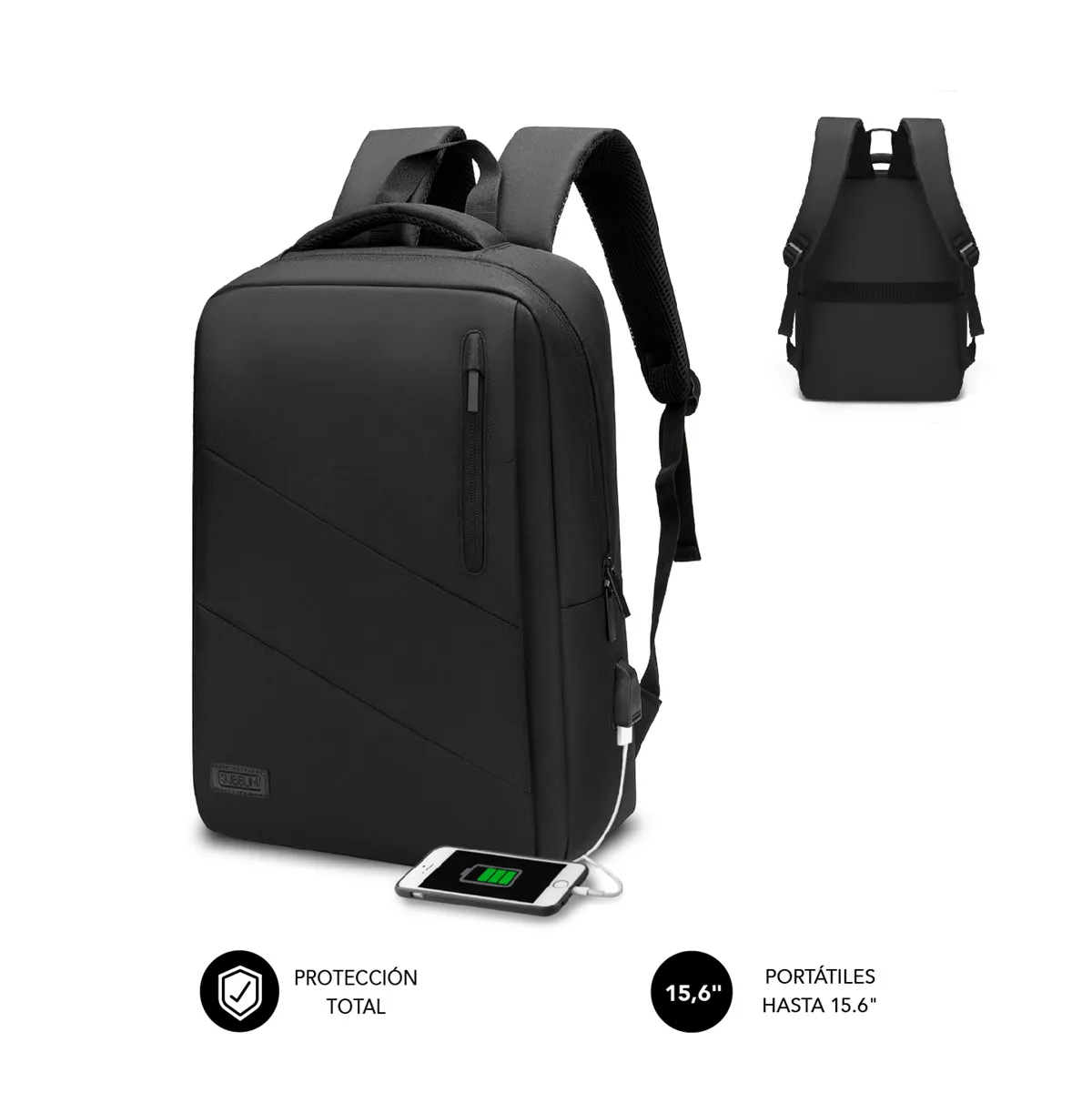 Subblim Mochila para Portátil City Backpack 15,6" - Compartimento acolchado - Resistente al agua - Puerto USB - Color Negro