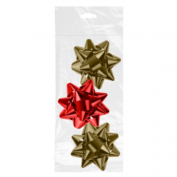 Dohe Shiny Pack De 3 Lazos Para Regalo - Forma De Estrella - Tamaño 8Cm - Colores Rojo Y Oro