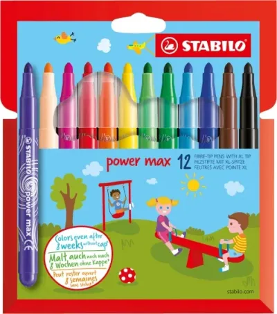 Stabilo Power Max Pack de 12 Rotuladores Punta Gruesa Tinta Lavable Colores Surtidos