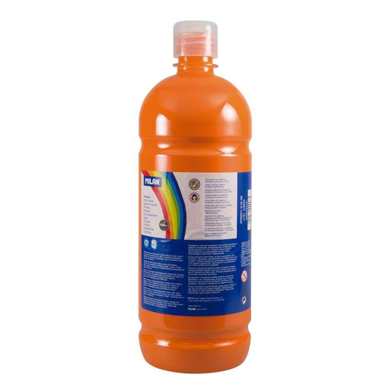 Milan Botella De Tempera 1000Ml - Tapon Dosificador - Secado Rapido - Mezclable - Color Naranja