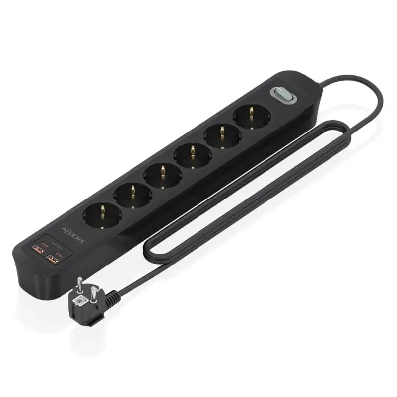 Aisens Regleta 6 Tomas Schuko con 2xUSB-C y 2xUSB-A, 1.4m, Interruptor LED, Power Delivery, Qualcomm 3.0, Negro