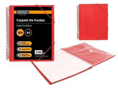 Ingraf Carpeta 40 Fundas A4 con Sobre Broche, Espiral Plástica Indeformable, Color Rojo