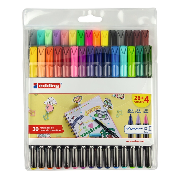 Edding 1200 Pack De 30 Rotuladores - Punta Redonda - Tinta Con Base De Agua - Colores Clasicos, Neon Y Pastel Surtidos
