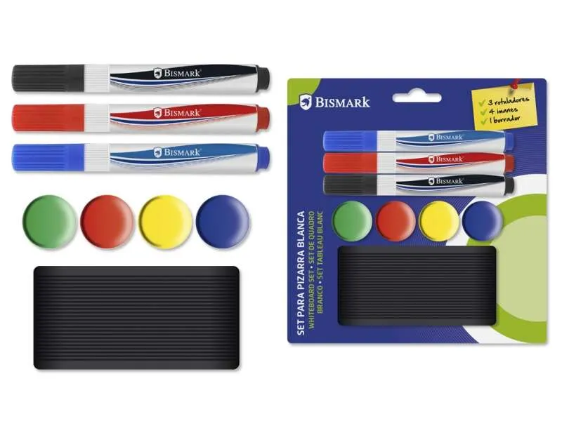 Bismark Pack de 3 Rotuladores para Pizarra, 4 Imanes y Borrador, Colores Surtidos
