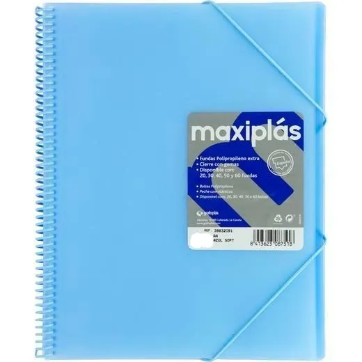 Grafoplás Carpeta Con Fundas Maxiplás Espiral A4 40 Fundas C/Sobre Pp Rígido Translúcido Azul Soft