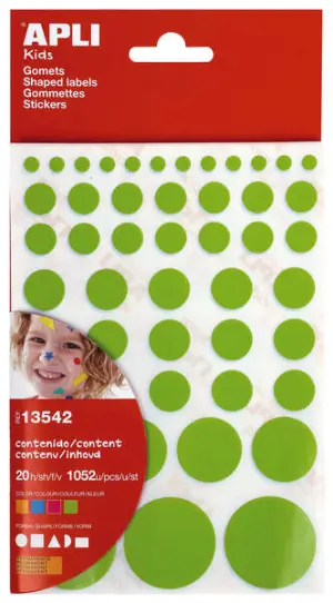 Apli Gomets Adhesivo Permanente - 1052 Piezas - Formas y Tamaños Surtidos - Cumple Normas EN-71 y FSC