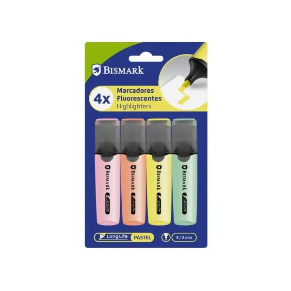 Bismark Pack de 4 Marcadores Fluorescentes Punta Biselada 2-5mm Tinta Base Agua Colores Pastel