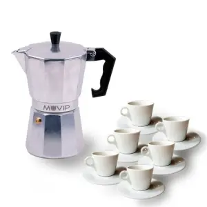 Muvip MV0601 Cafetera de Aluminio - Capacidad 6 Tazas - Mango Ergonomico - Antiadherente - Apta para Placas Electricas, Vitroceramicas y Gas - Color Aluminio