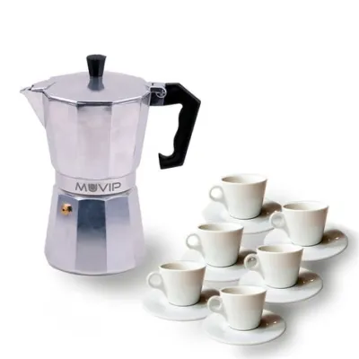 Muvip Cafetera de Aluminio 6 Tazas con Mango Ergonómico - Apta para Placas Eléctricas y Gas