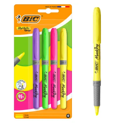 Bic Highlighter Grip Pack - 4 Marcadores Fluorescentes Punta Biselada, Colores Surtidos