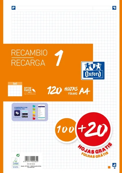 Oxford Recambio Classic 120 Hojas A4 Sueltas 90g 5x5mm 4 Taladros Naranja