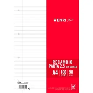 Enri Recambio Plus 100H A4 90gr Pauta 2,5cm Margen 4 Taladros Blanco