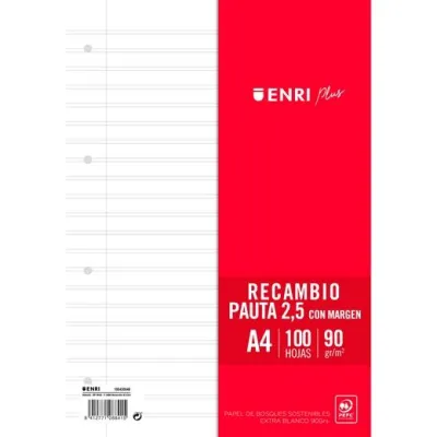 Enri Recambio Plus 100H A4 90gr Pauta 2,5cm Margen 4 Taladros Blanco