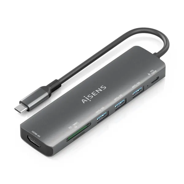 Aisens Usb-C Dock 7 En 1 - Usb-C A 1Xhdmi - 3Xusb-A - 1Xusb-C 100W - 1Xsd - 1Xmicrosd - 15Cm - Color Gris