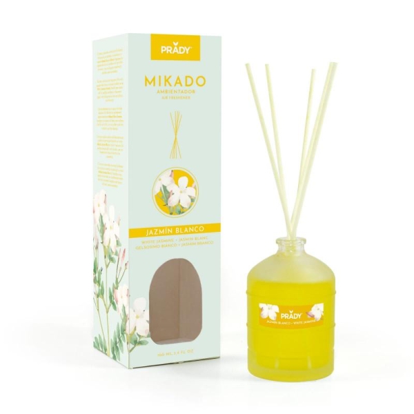 Prady Ambientador Mikado Jazmin Blanco - Frasco De Cristal 100 Ml Y Varitas Difusoras