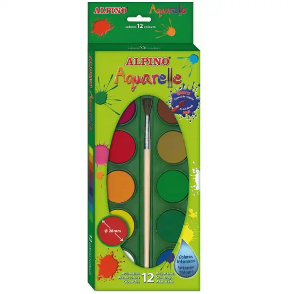 Alpino Pack de 12 Acuarelas 28mm Diámetro Colores Intensos con Pincel Surtido
