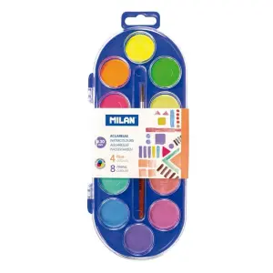 Milan Estuche de 12 Acuarelas Ø30 mm con Pincel Serie 101 - Colores Fluorescentes y Metalizados