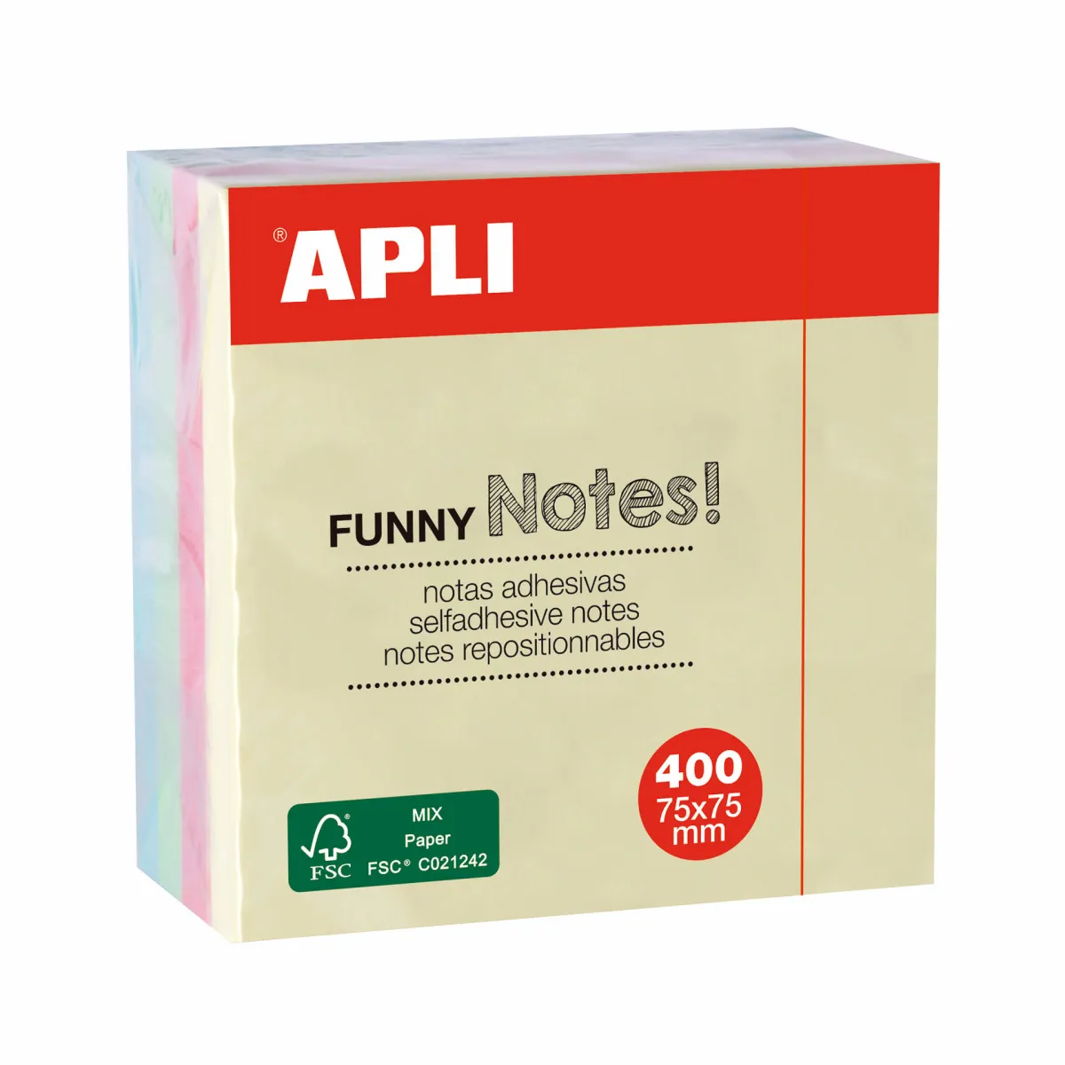 APLI CUBO DE NOTAS ADHESIVAS FUNNY 75X75MM CUBO DE 400H COLORES SURTIDOS PASTEL