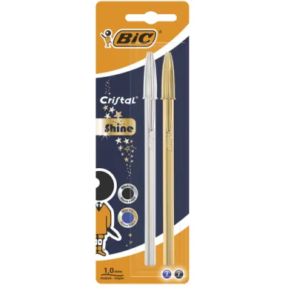 Bic Cristal Shine Pack De 2 Boligrafos De Bola - Punta Media De 1.0Mm - Tinta Con Base De Aceite - Cuerpo Plateado Y Dorado - Color Azul Y Negro