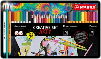 Stabilo Rotuladores Creative Set Arty C/Surtidos 12 Point 88 + 8 Pen 68 Brush + 16 Aquacolor Caja De Metal 36 Ud